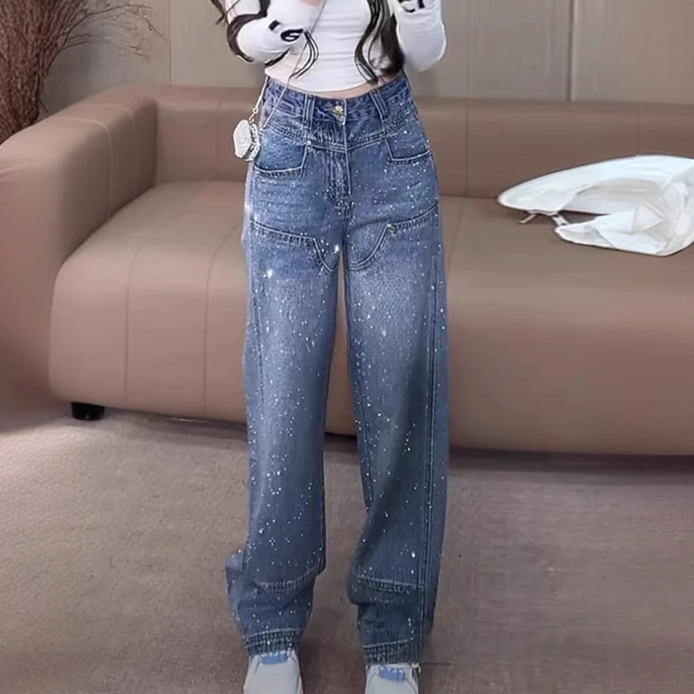 重工满天星烫钻直筒牛仔裤女春季新款大码胖mm宽松高腰显瘦阔腿裤