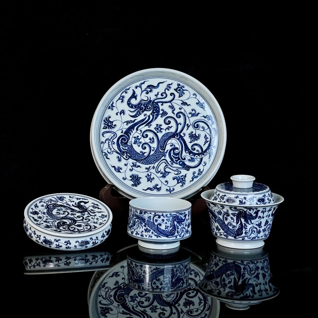泑山窑出品，手工手绘汉龙青花一套，复古盖碗白瓷茶具容量150毫升