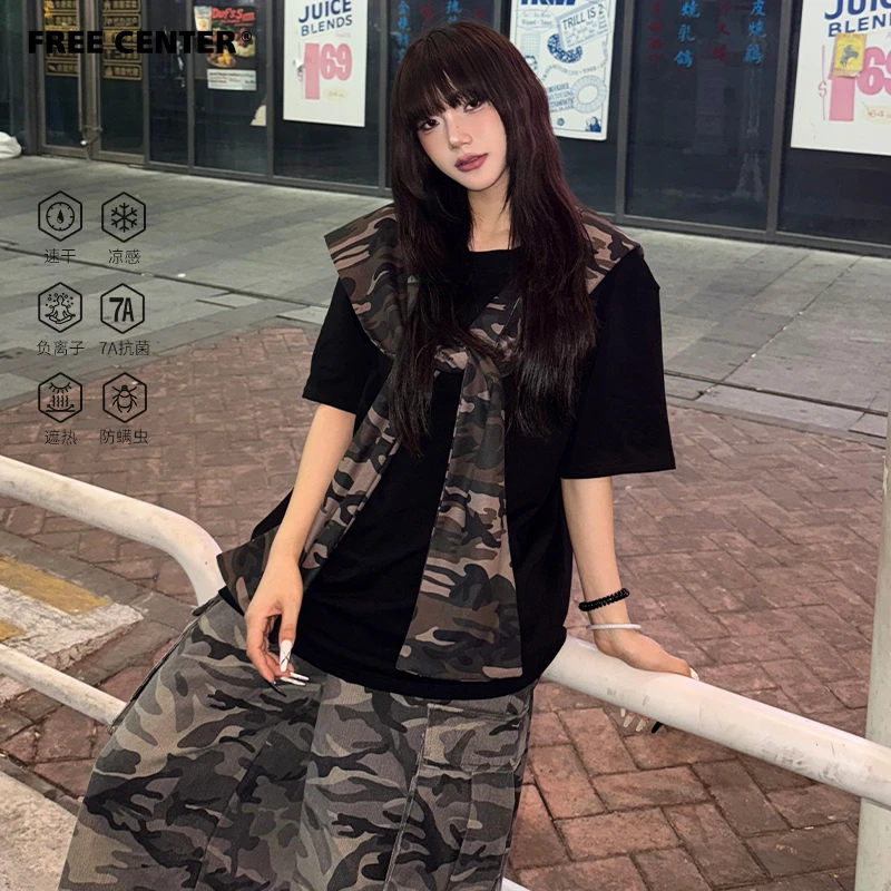 Free Center可拆卸280g凉感7A抗菌短袖男女款两件套拼接连帽T恤夏