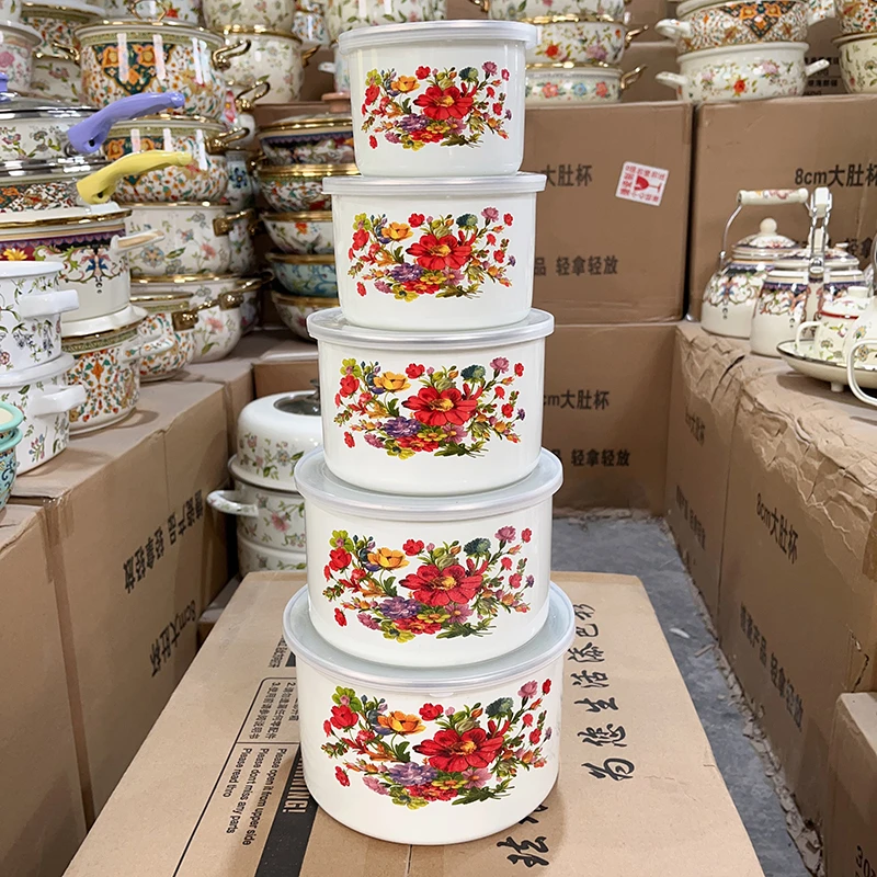 五件套10+12+14+16+18cm春意盎然特厚加高珐琅搪瓷蛋碗汤沙拉面碗