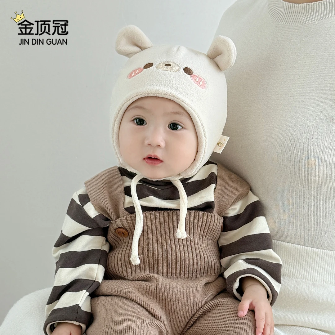 婴儿帽子秋冬季韩版可爱小熊毛绒护耳帽男女童宝宝冬天加厚套头帽