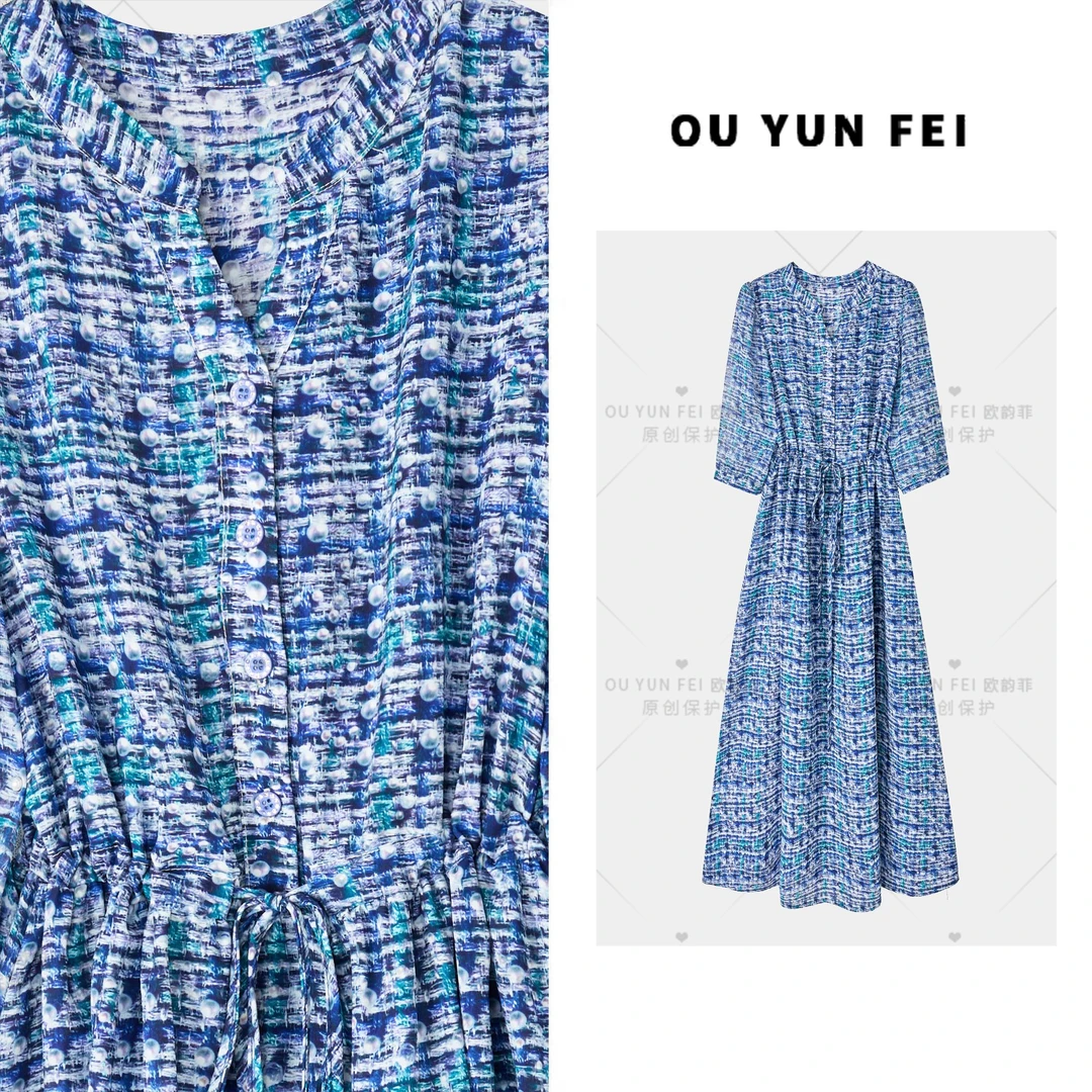 【蓝珍珠】法式连衣裙女新款气质显瘦穿搭时尚洋气印花长裙HZ1173