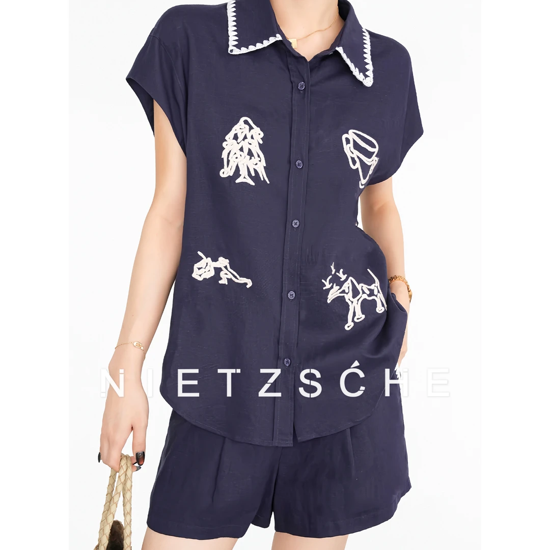 Nietzsche｜蓝调水麻套装｜亚麻x莱赛尔 重磅卡通刺绣两件套装61862