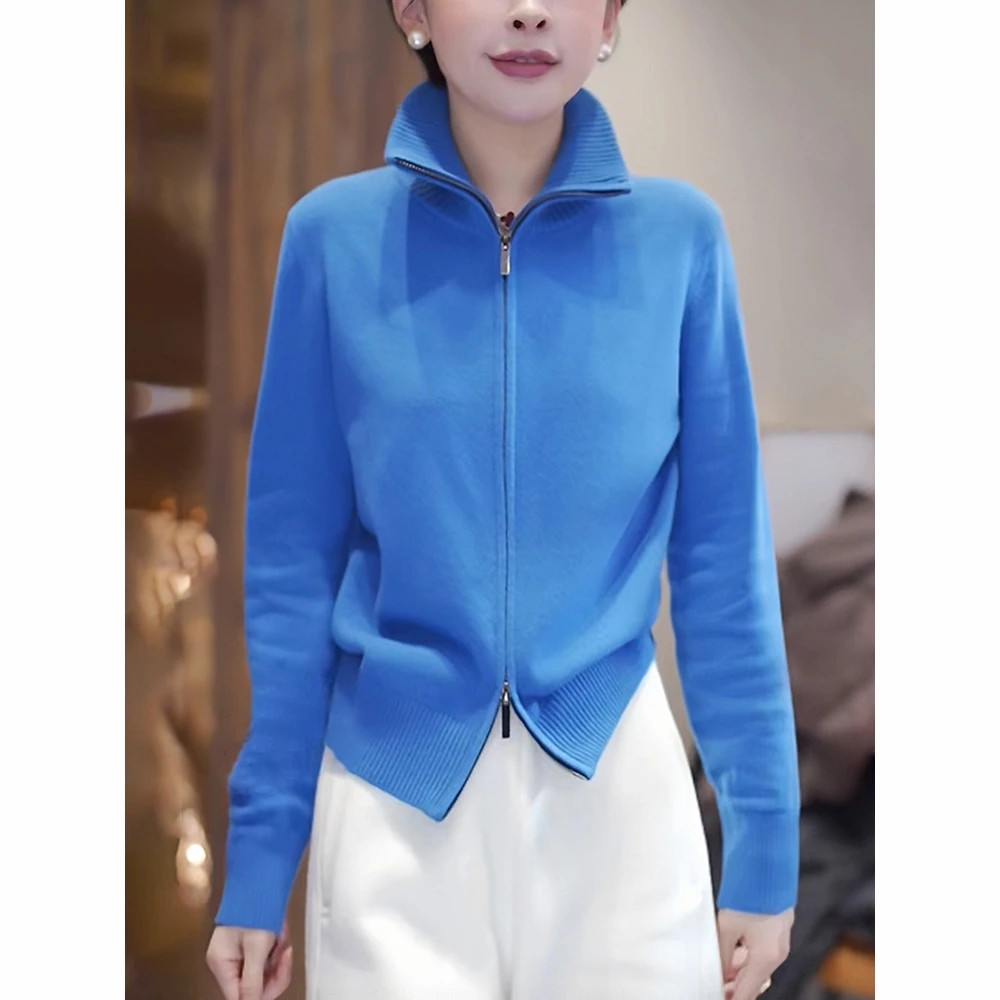 蓝色高领毛衣外套女秋冬慵懒高级感洋气减龄显瘦拉链针织开衫上衣