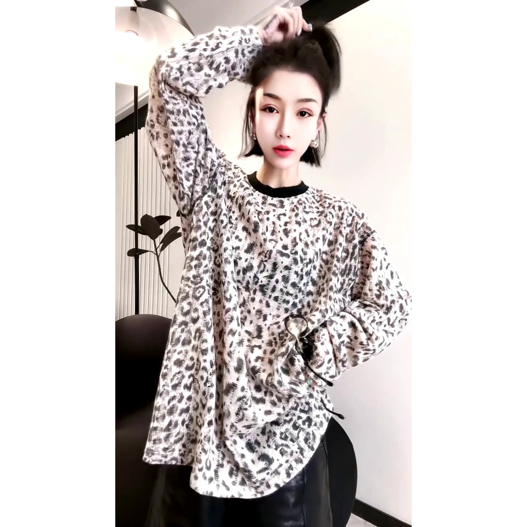 欧货时尚老钱风oversize圆领长袖豹纹T恤
