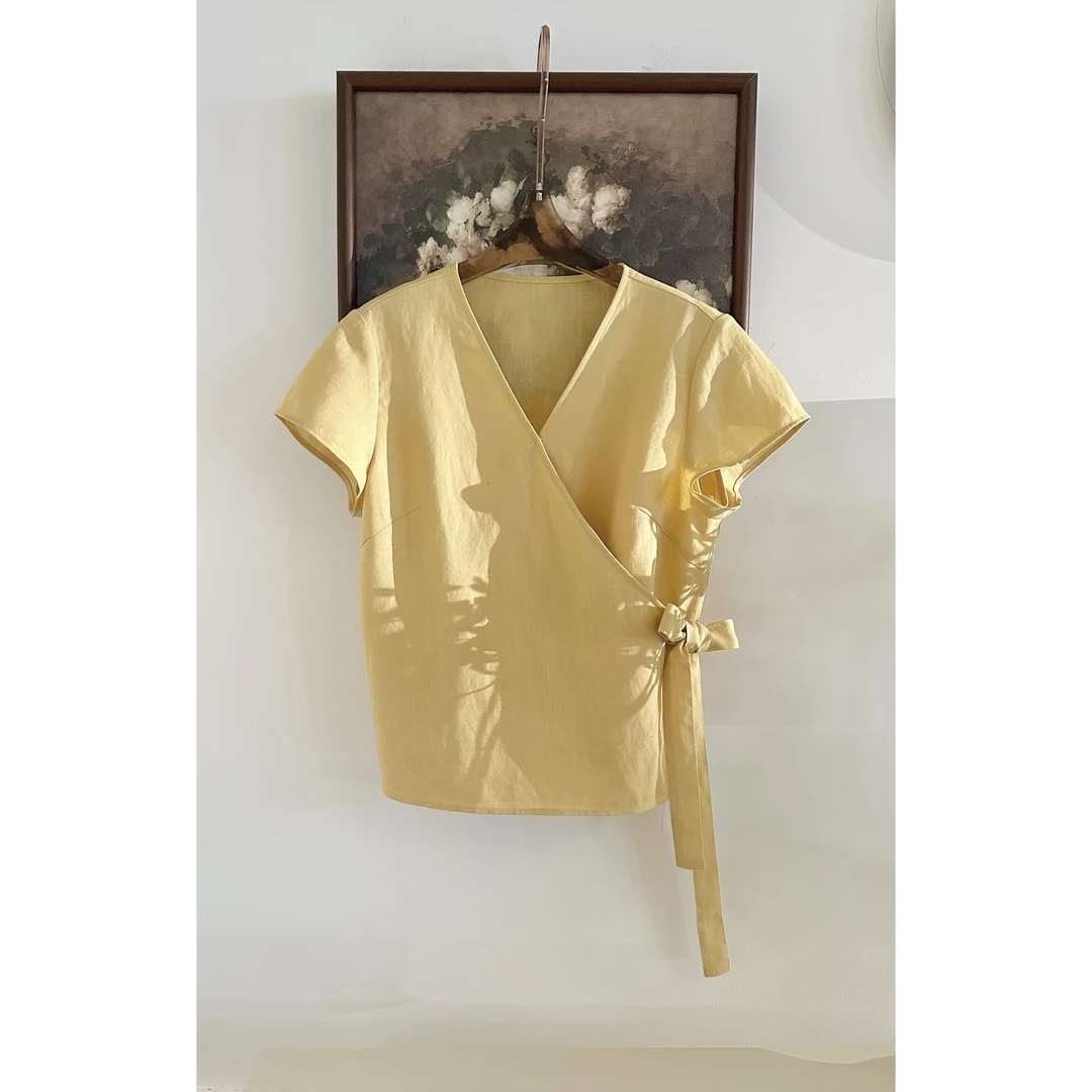 【华尔兹】路蔓法夏季新款时尚百搭减龄纯色显瘦绑带V领上衣MF-1867