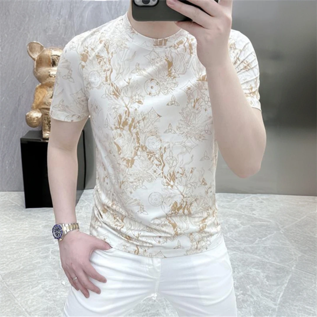 尼皮怀恩夏季潮流时尚印花修身帅气花色圆领短袖男士网红爆款T恤