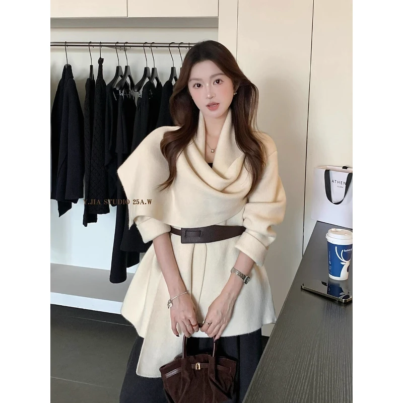 氛围感围巾领气质慵懒针织开衫外套短外套(配腰带)