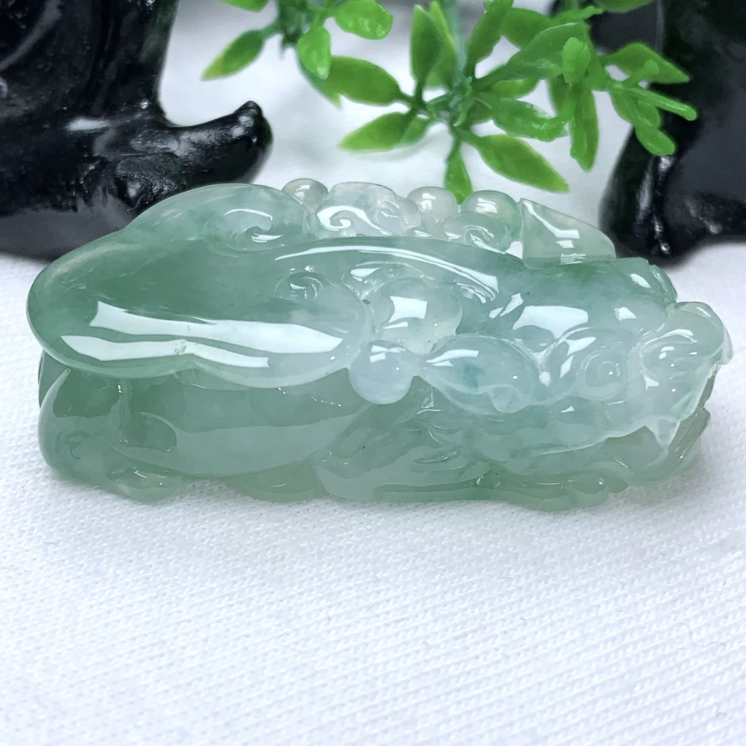 天然缅甸翡翠A货冰润飘花口含珠貔貅吊坠挂件尺寸44−21.5−12mm