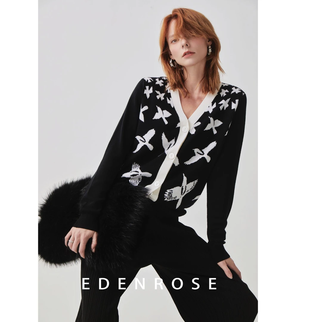 EDENROSE 商场款羊毛针织开衫女上衣百搭长袖EETQ11510-3165