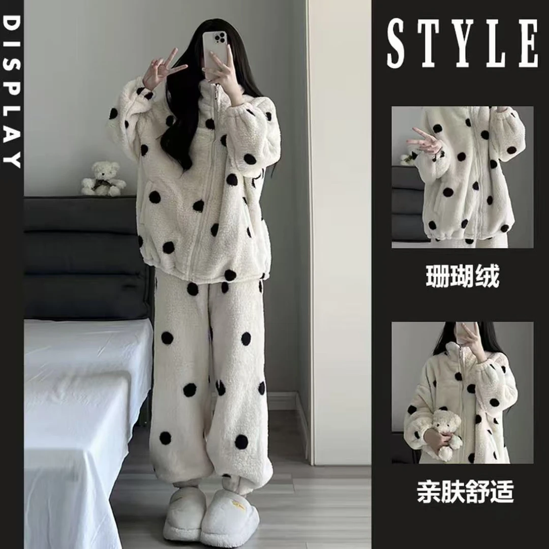 小个子韩系睡衣甜妹加绒加厚秋冬家居服套装珊瑚绒波点宽松两件套