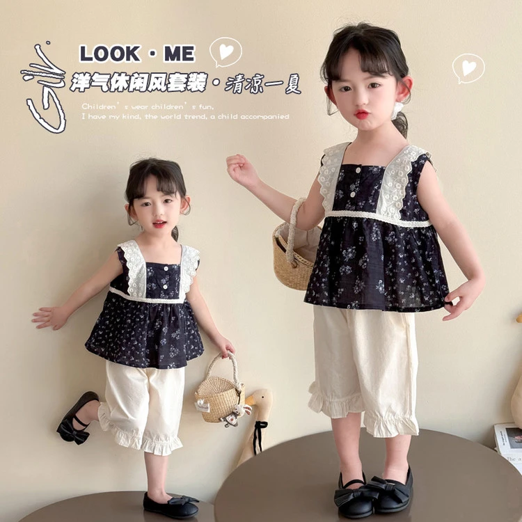 套装韩版夏季碎花女童中小童儿童蕾丝网红洋气女宝无袖波点休闲风