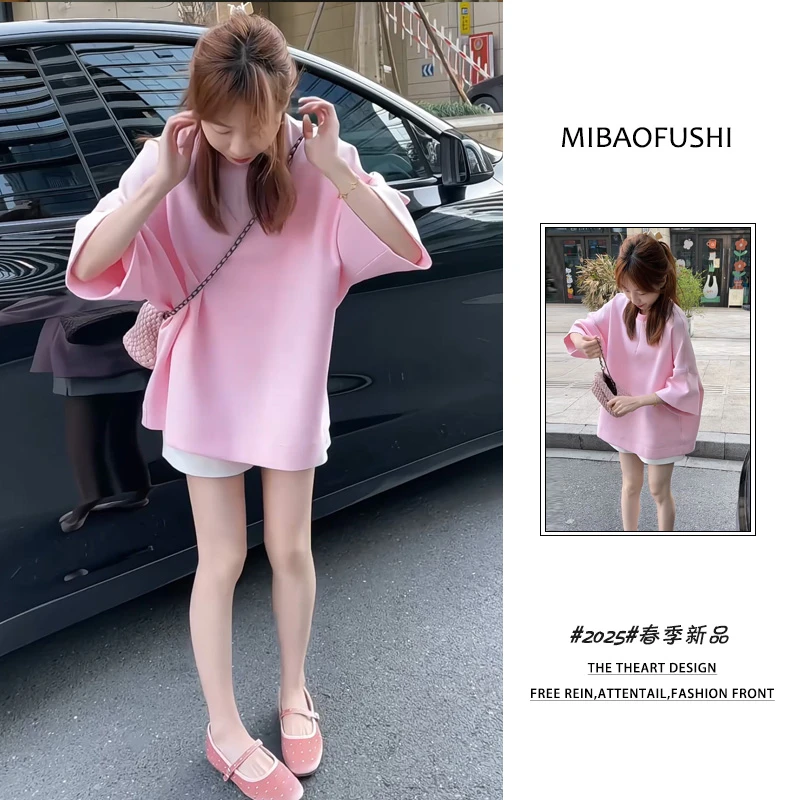 初秋穿搭一整套2025新款韩系显白宽松圆领T恤高腰显瘦短裤两件套