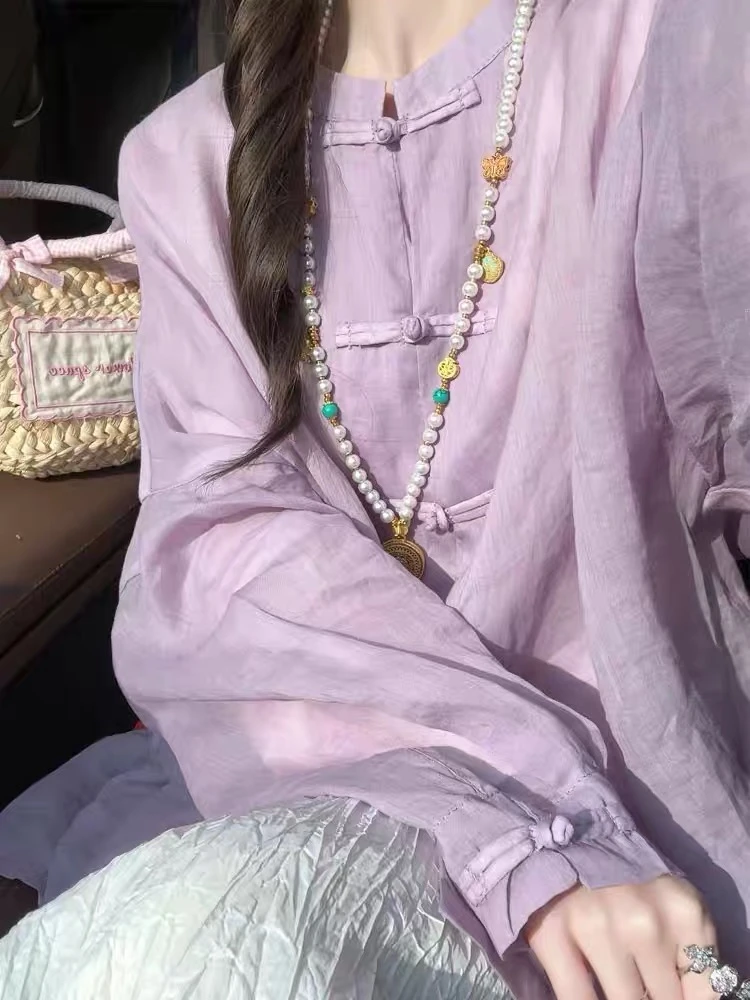 中式紫色亚麻衬衫2025秋季新款防晒国风盘扣高端棉麻长袖立领上衣