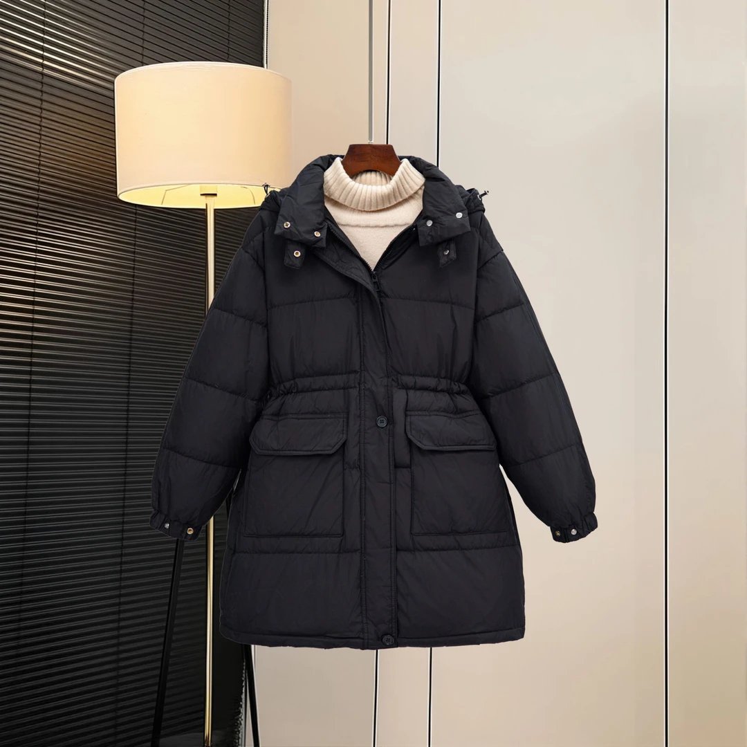 冬季新款抽绳连帽中长款百搭白鸭绒宽松时尚韩版羽绒服外套