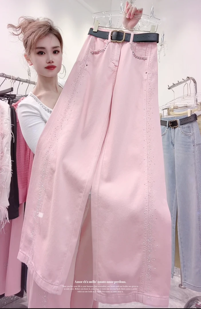 重工彩色闪闪烫钻双压线设计宽松显瘦高腰直筒阔腿牛仔裤  #9093