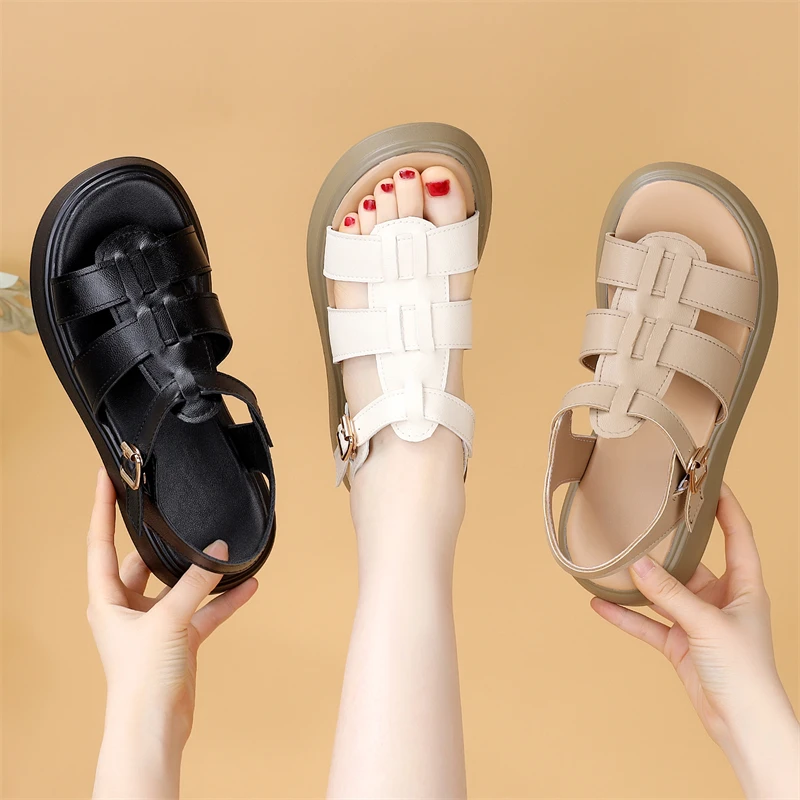 厚底时尚编织罗马凉鞋女2025夏季新款一字扣显瘦舒适不累脚沙滩鞋