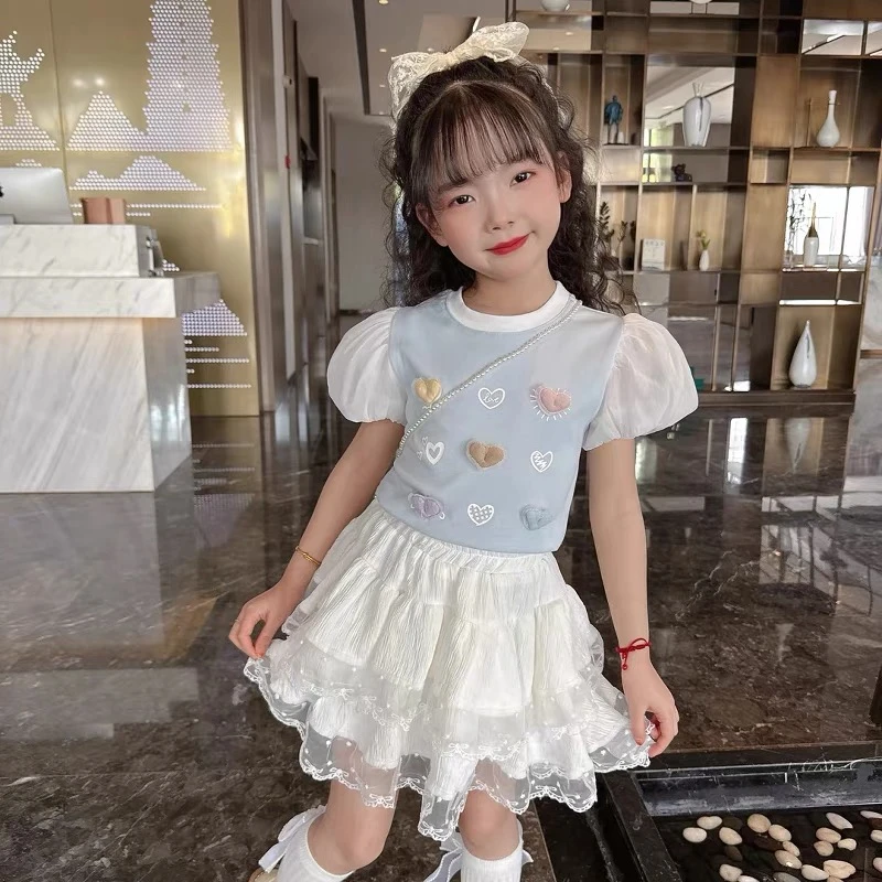 2025女童夏季新款公主套装短袖洋气儿童灯笼袖T恤蕾丝两件套短裙
