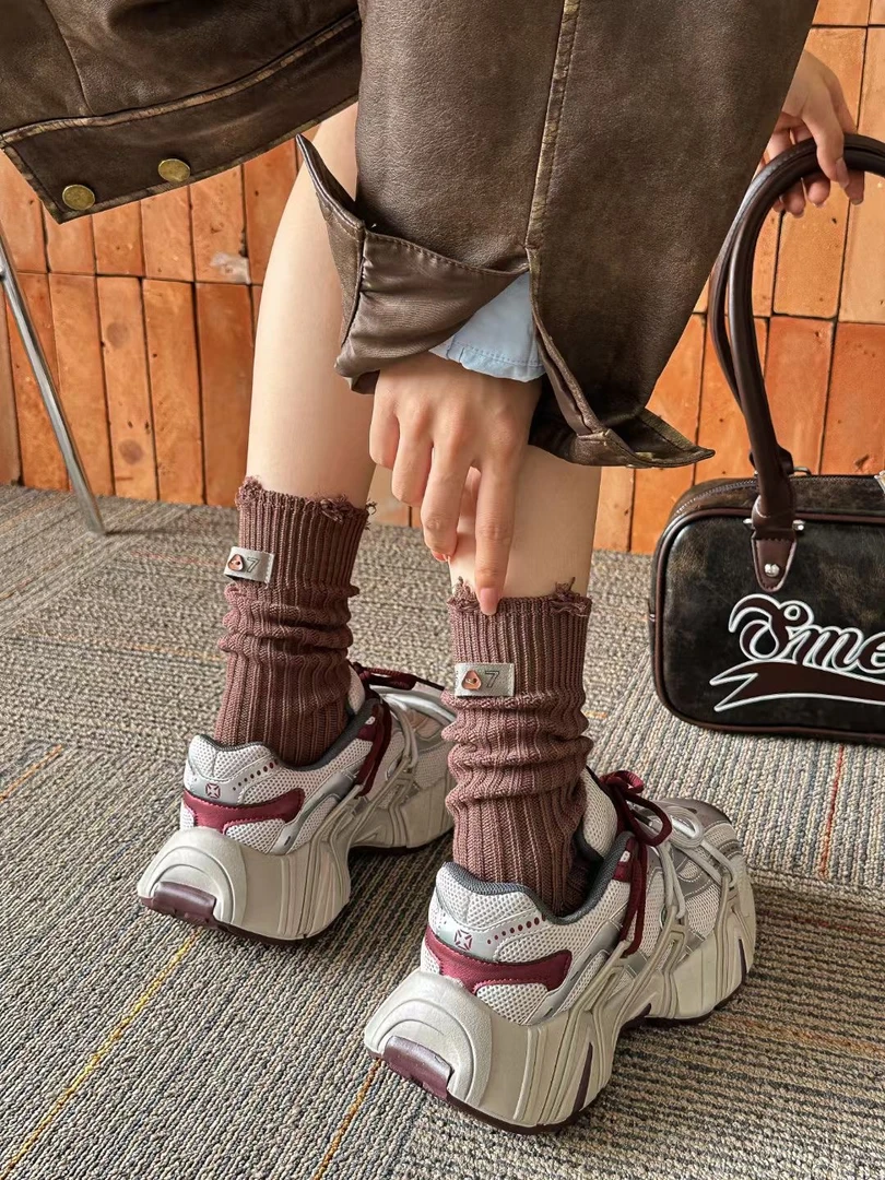 麻田新款秋冬袜子女袜破洞后跟布标洋气时髦堆堆袜显瘦百搭韩系