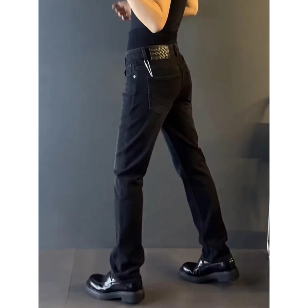 轻奢男装潮牌男士时尚新款秋冬休闲微修身小直筒黑色牛仔裤显瘦潮