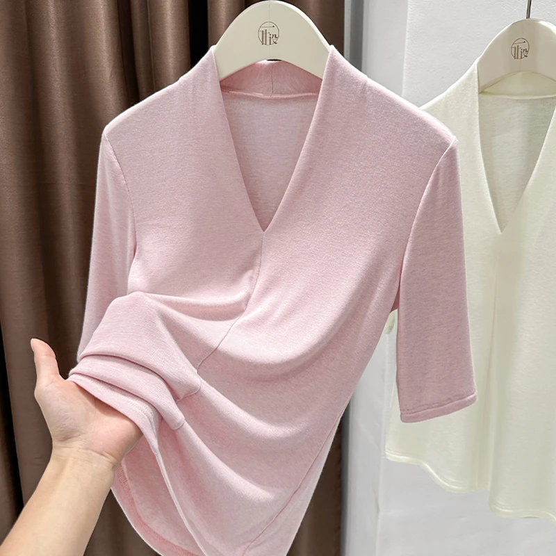 粉色深V领薄款五分袖T恤女2025秋季爆款纯欲风性感内搭打底上衣