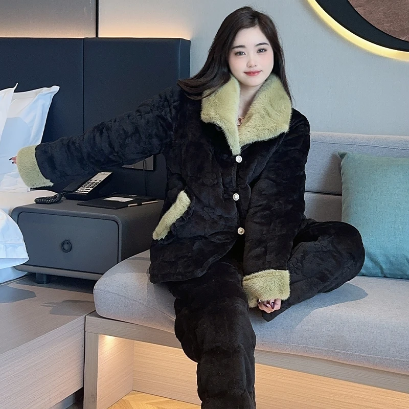 新款三层夹棉珊瑚绒睡衣女士冬季加绒加厚保暖高级感家居服套装