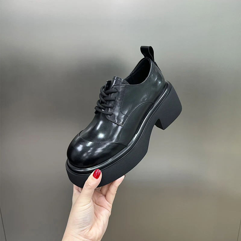 【左右华菲】6.5cm英伦风复古厚底系带乐福鞋2025春季新款真皮女鞋