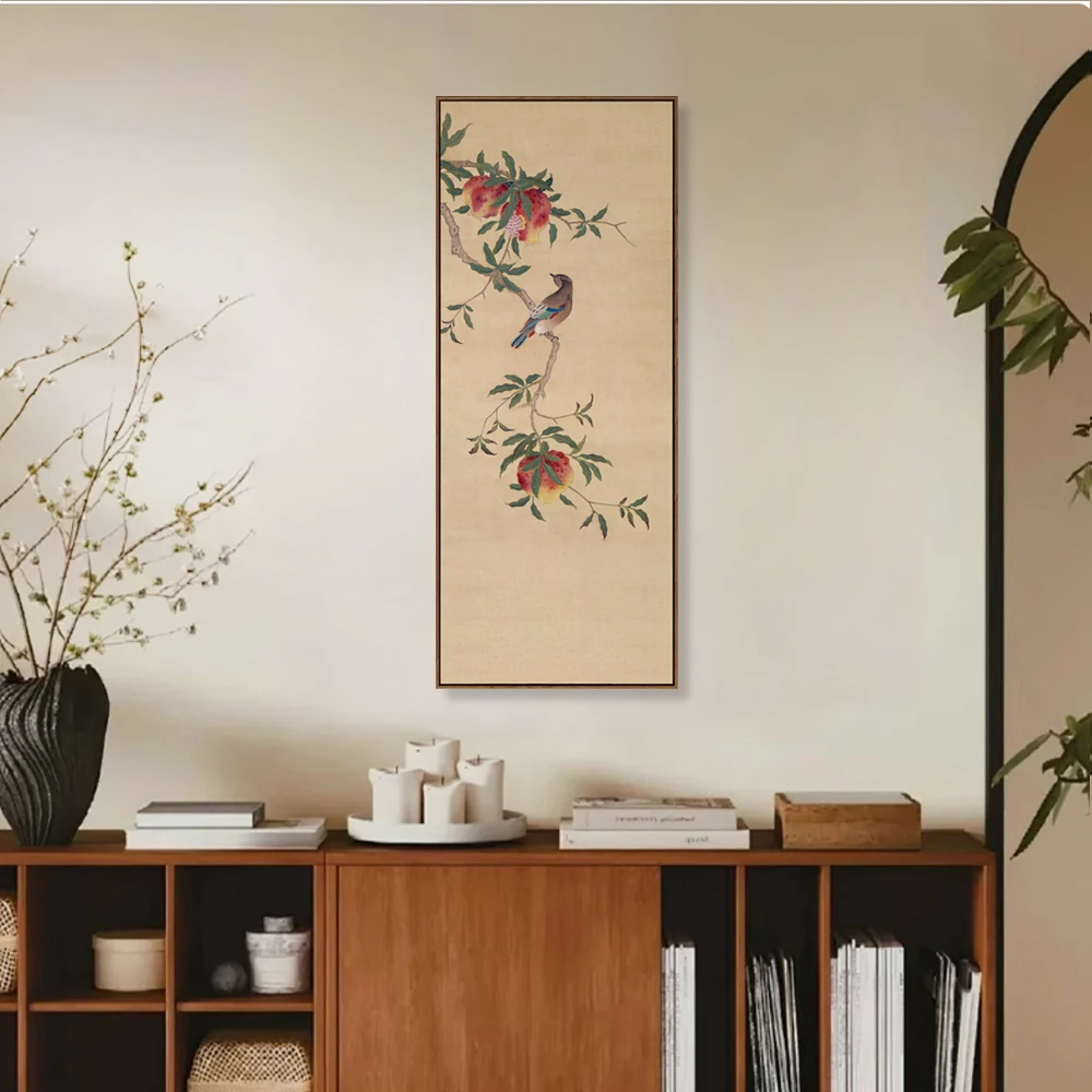宋式美学花鸟中式复古艺术感挂画中古风石榴图轴装饰画竖版花卉画