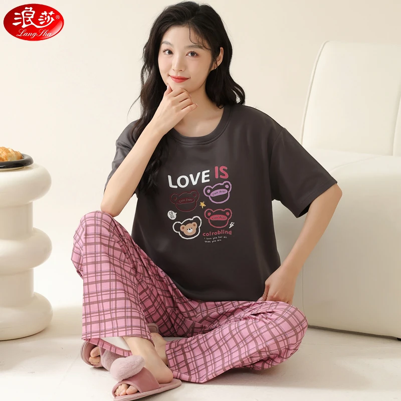 浪莎睡衣女夏季短袖长裤纯棉卡通小熊女生可爱薄款夏天家居服套装
