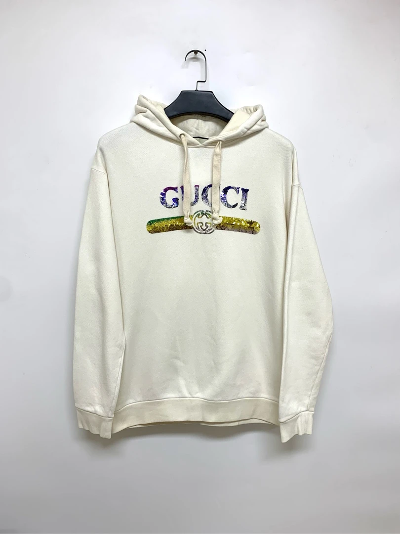 99新 GUCCI/古驰 米白色亮片连帽卫衣/L码/Y12147741