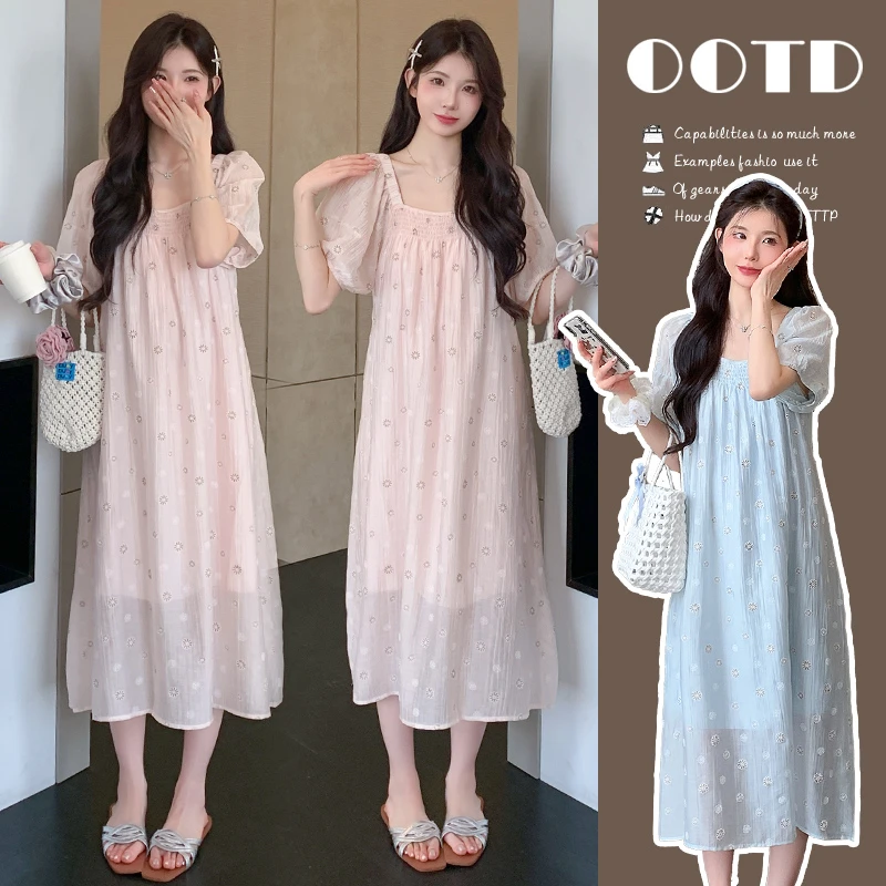 2025夏季方领显中长款短袖孕妇连衣裙气质时尚夏天仙女裙甜美