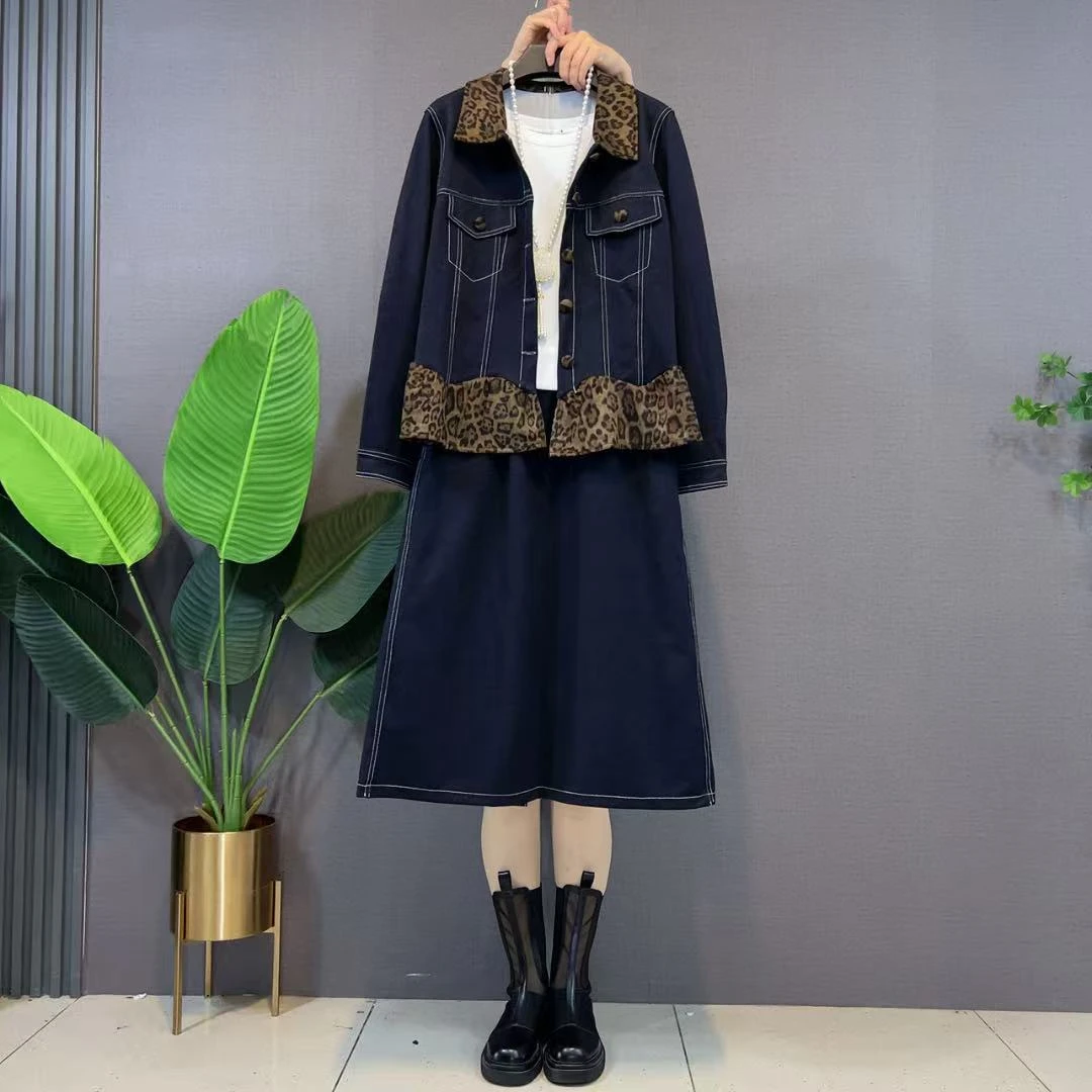 加大码女装豹纹翻领长袖上衣半身裙胖妹妹欧洲站秋季款显瘦两件套