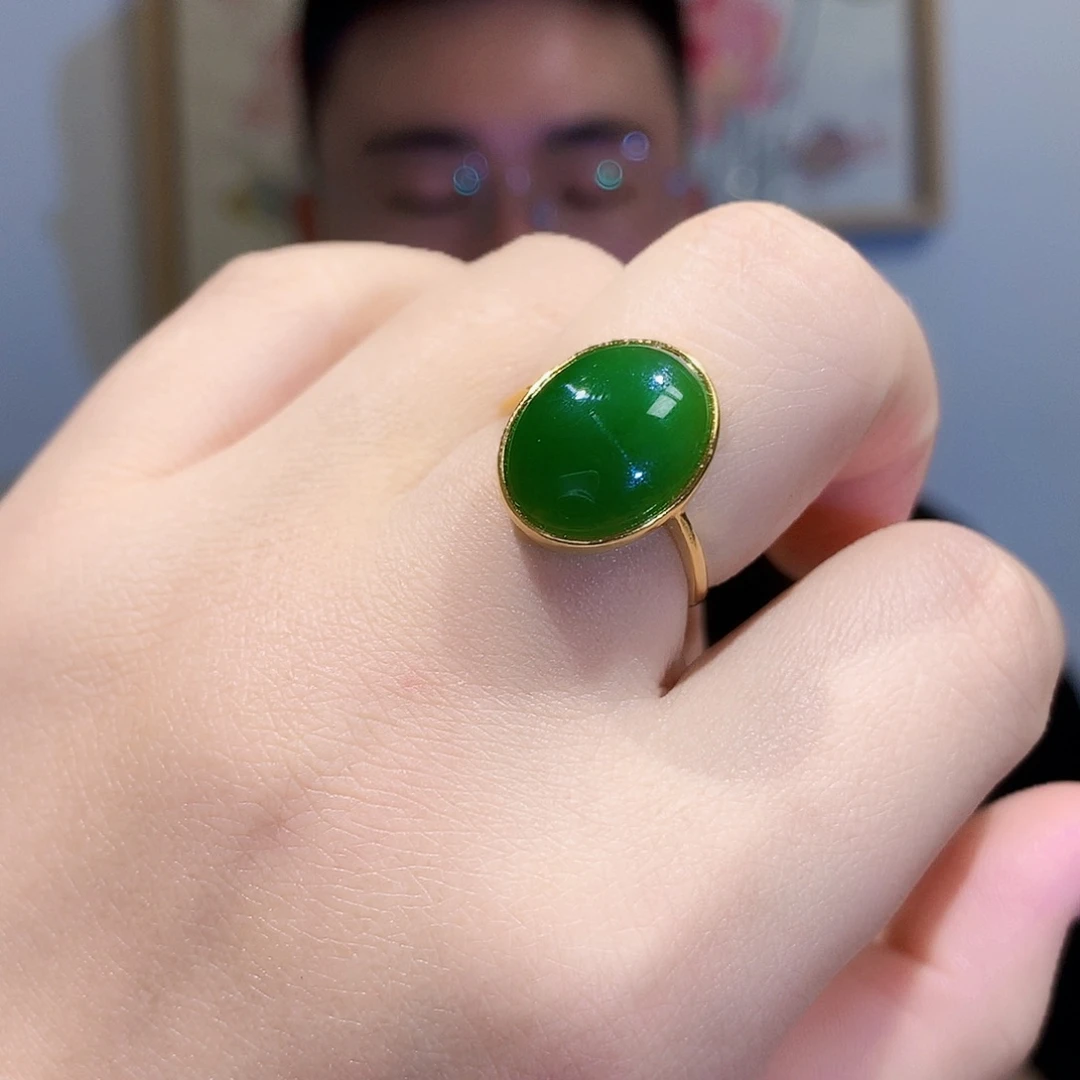 和田玉（碧玉）戒指银S925镀金镶嵌