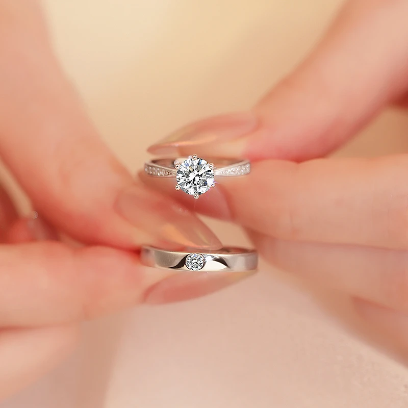 心草 925银莫桑石戒指 男女款情侣对戒闪耀轻奢告白订婚求婚礼物