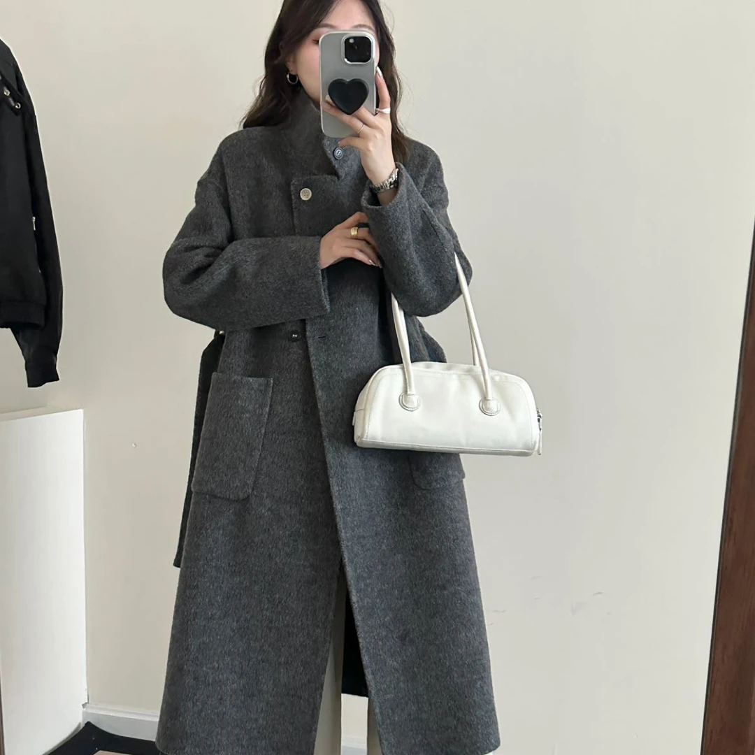 长款扣子浅灰黑灰羊毛大衣