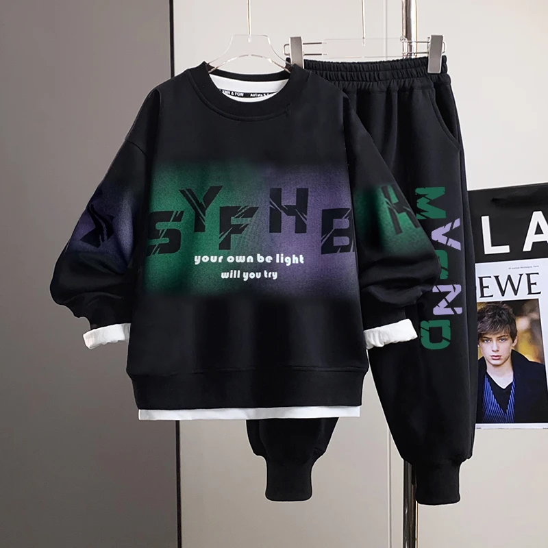 男大童套装秋装卫衣胖大童宽松大码套装胖男孩加肥加大胖童青少年