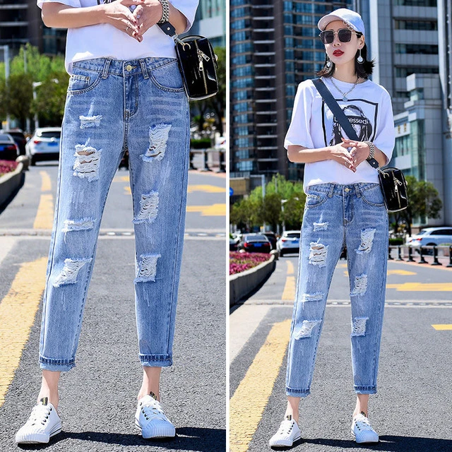 女士破洞牛仔裤女夏季新款春秋薄宽松乞丐裤哈伦老爹裤直筒九分裤