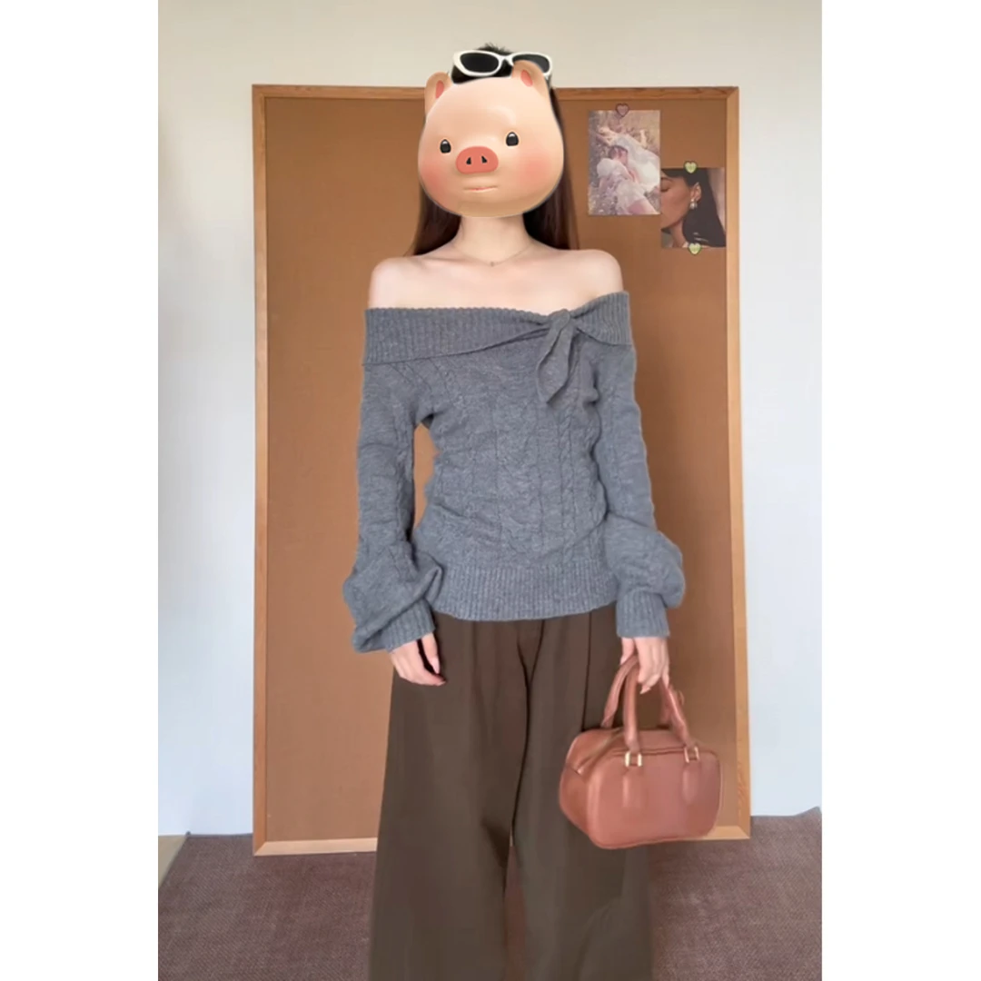 灰色长袖针织衫女秋冬收腰露肩短款麻花毛衣独特漂亮早秋chic上衣