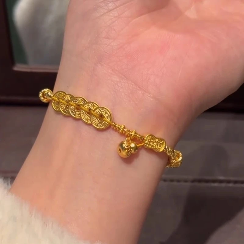 铜合金手链 实心五帝钱葫芦手链女款新中式国风福禄盘缠招财手饰