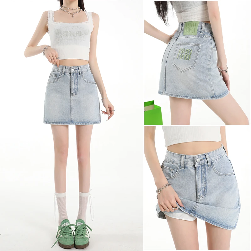 刺绣牛仔短裙女2025夏季新款防走光百搭a字带内衬显瘦包臀裙辣妹