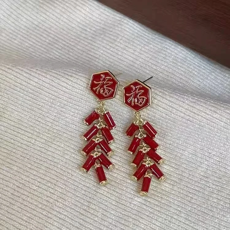 合金耳饰 110日韩红色复古中国风耳环耳饰民族风鞭炮设计耳钉