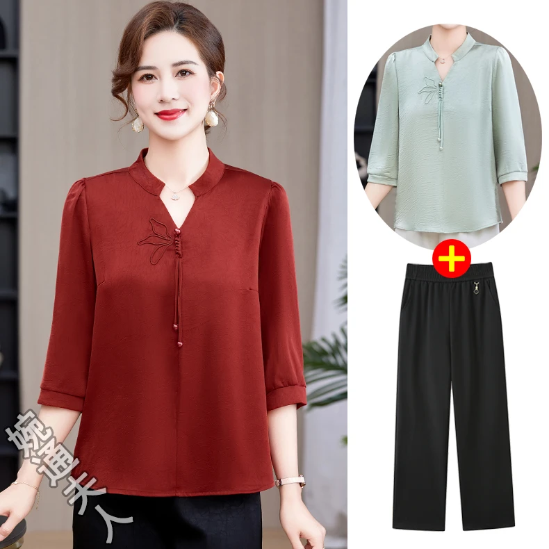 妈妈春夏装2025新款时尚洋气小衬衫上衣t恤中老年女式高贵两件套