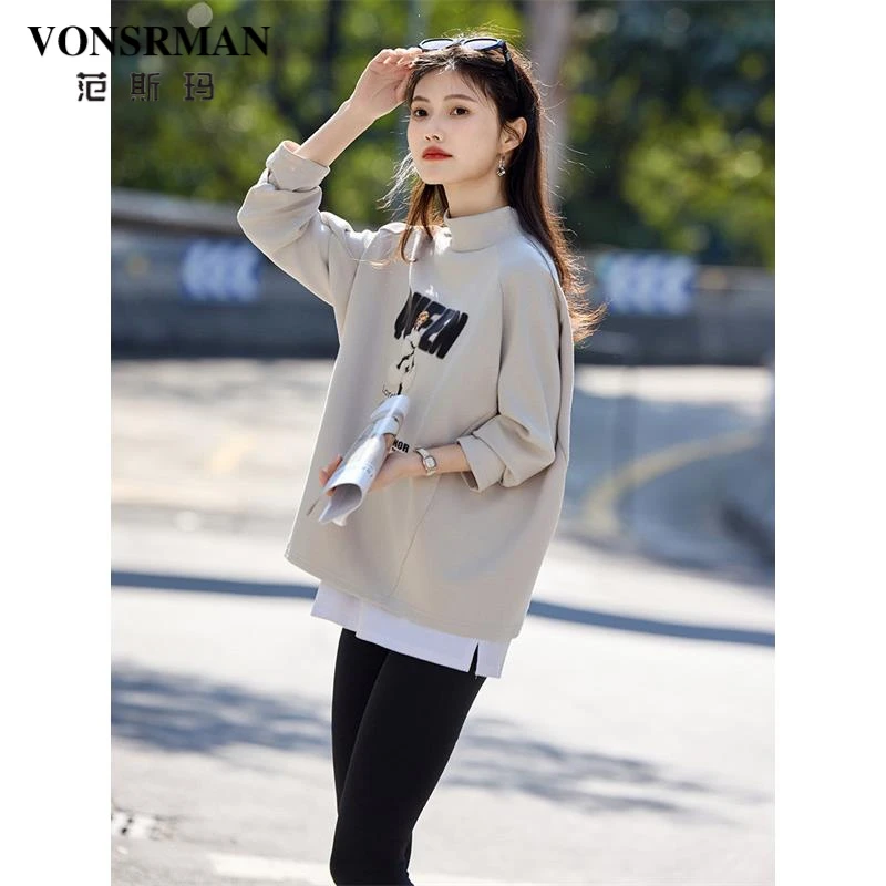 灰色高领字母印花长袖T恤女秋季2025年新款休闲宽松时尚百搭上衣