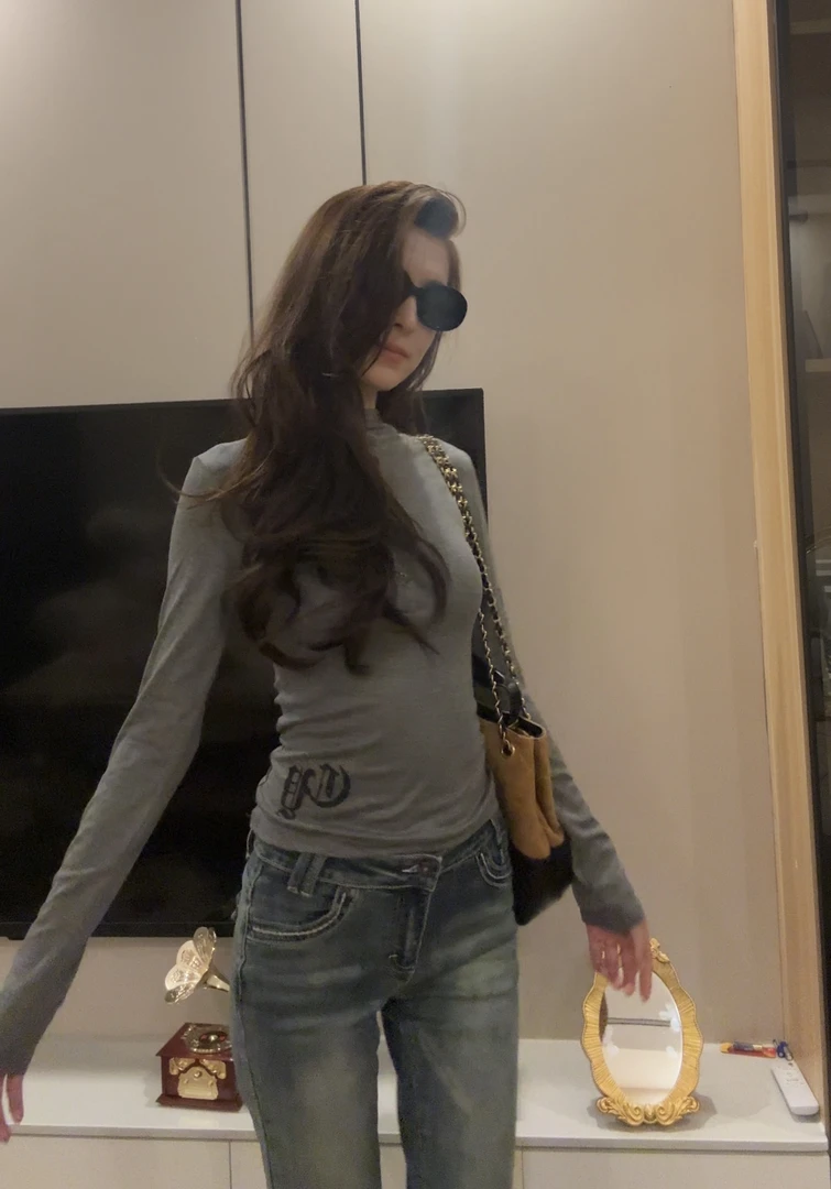 半高领紧身连帽常规防晒T恤长袖韩版印花常规款洋气