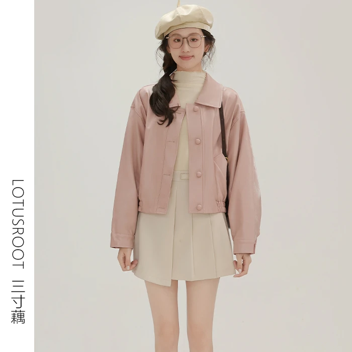 【芋总专属】三寸藕秋季粉色翻领皮衣外套短款美式夹克上衣女3162