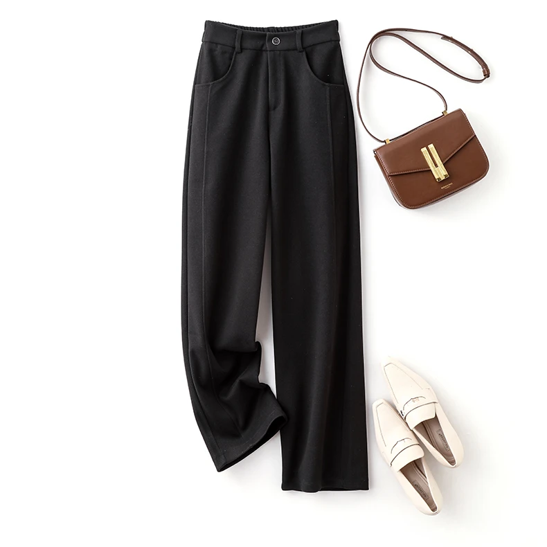 【静姐宠粉】黑色羊毛休闲毛呢保暖阔腿裤2863