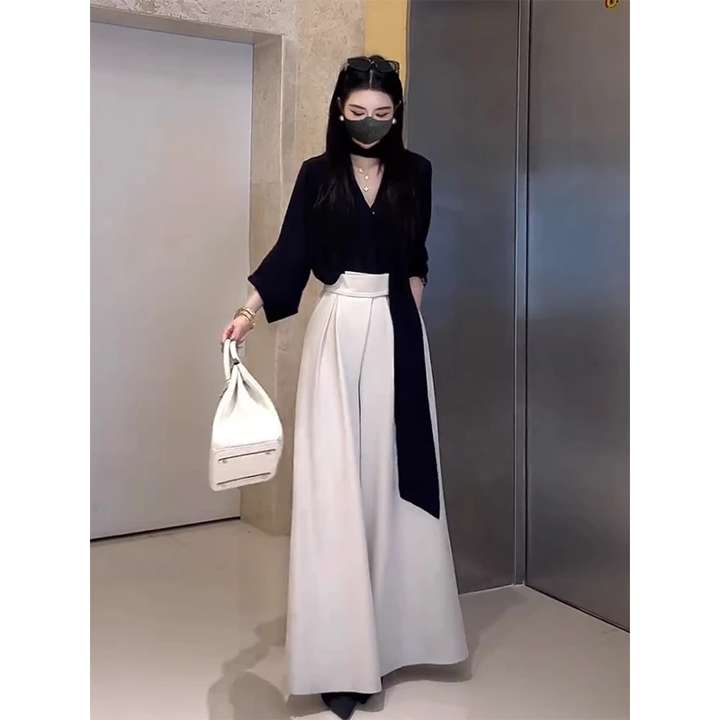 清冷松弛感穿搭黑色飘带衬衫阔腿裤职业两件套装女装2025超火春装