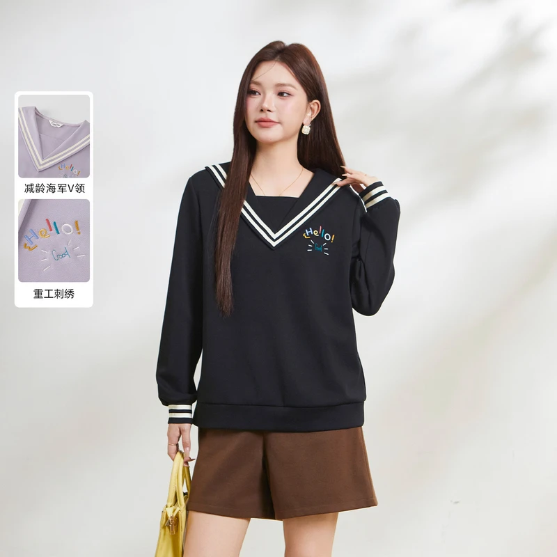 采多宝大码女装减龄海军V领针织2026春新款宽松显瘦卫衣 FCZ6873