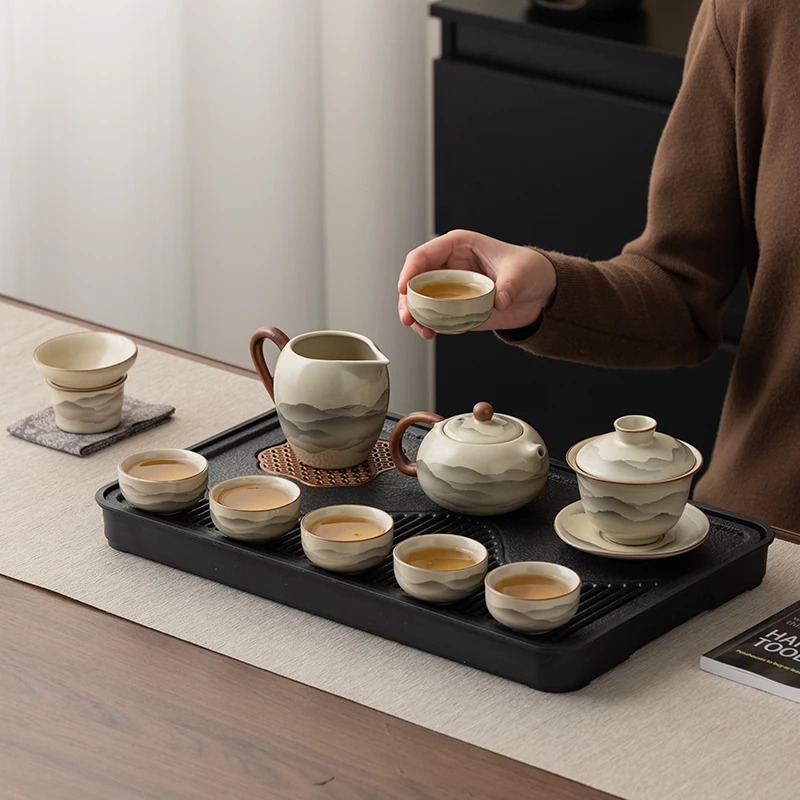 汝窑功夫茶具套装家用轻奢高档陶瓷泡茶壶盖碗喝茶杯整套喝茶器具