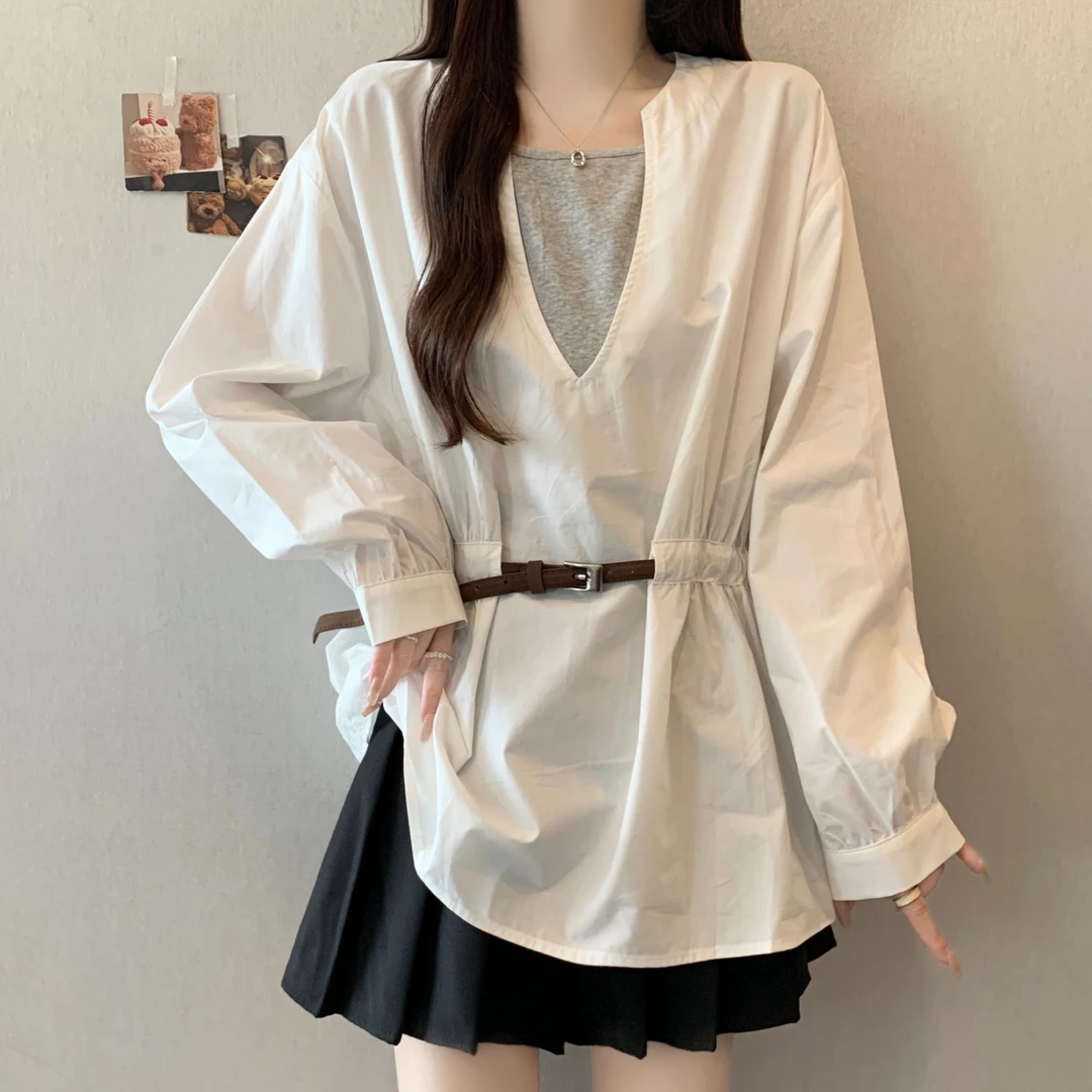 大码法式假两件腰带长袖衬衫女春秋胖MM宽松显瘦百搭洋气收腰上衣